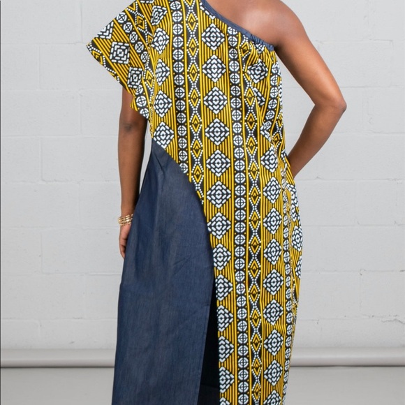 AFRICAN PRINT/DENIM DUSTER - Denim & Yellow - Picture 2 of 2
